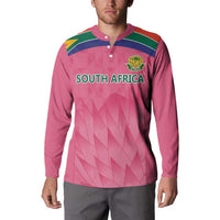 Pink South Africa cricket button sweatshirt on model with chest logo and collar