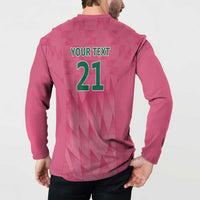 Pink cricket sweatshirt back on model, YOUR TEXT 21 with zigzag pattern