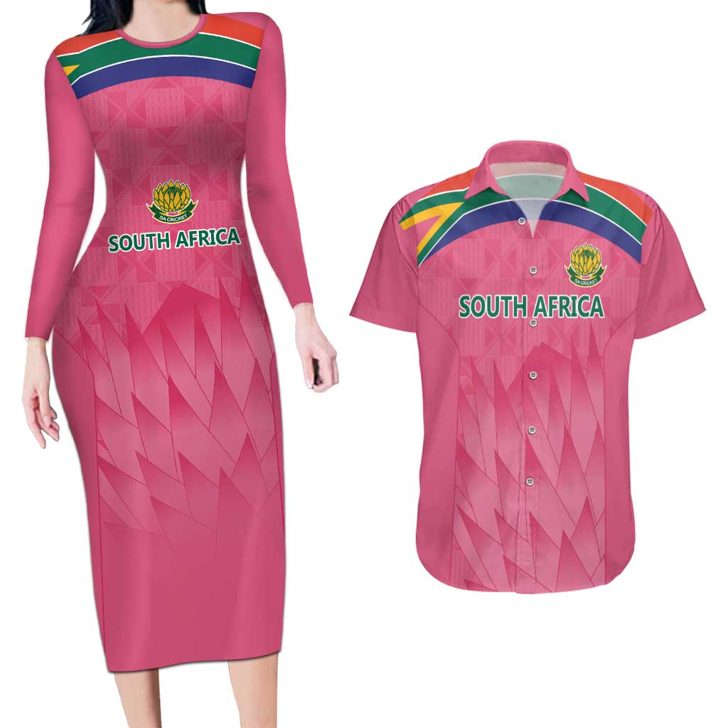 South Africa Cricket Custom Couples Matching Long Sleeve Bodycon Dress and Hawaiian Shirt Proteas Pink LT9 - Wonder Print Shop