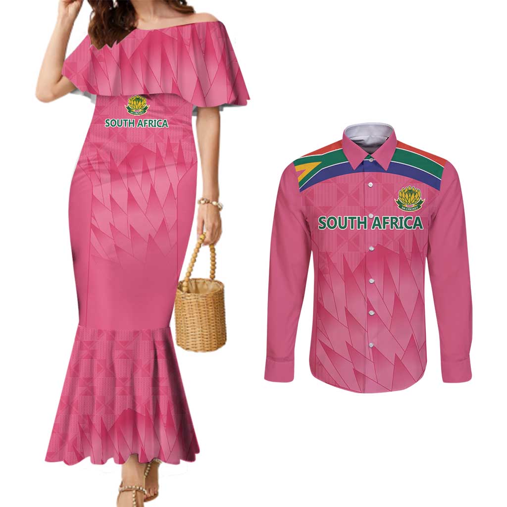 South Africa Cricket Custom Couples Matching Mermaid Dress and Long Sleeve Button Shirt Proteas Pink