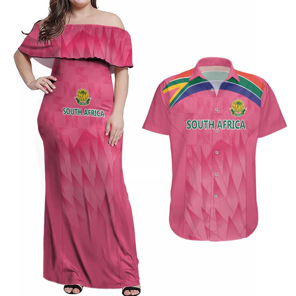 South Africa Cricket Custom Couples Matching Off Shoulder Maxi Dress and Hawaiian Shirt Proteas Pink LT9 - Wonder Print Shop