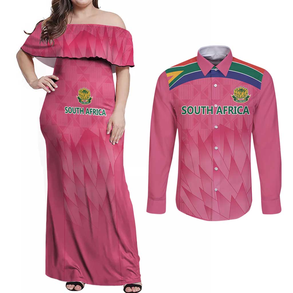 South Africa Cricket Custom Couples Matching Off Shoulder Maxi Dress and Long Sleeve Button Shirt Proteas Pink LT9 - Wonder Print Shop