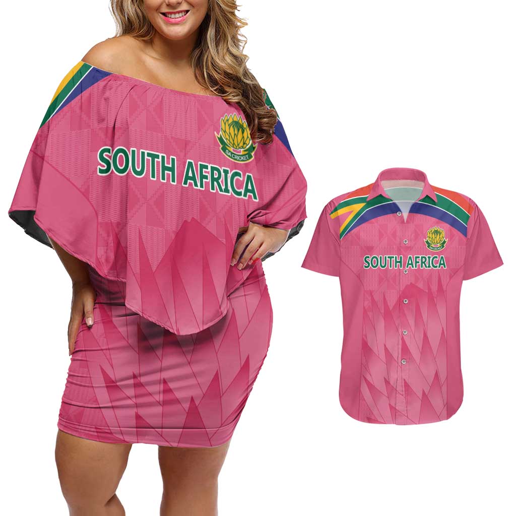 South Africa Cricket Custom Couples Matching Off Shoulder Short Dress and Hawaiian Shirt Proteas Pink LT9 - Wonder Print Shop