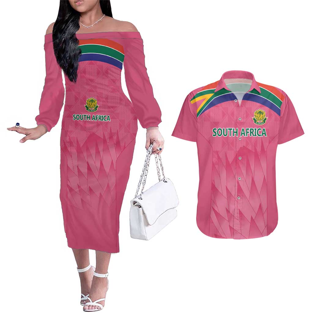 South Africa Cricket Custom Couples Matching Off The Shoulder Long Sleeve Dress and Hawaiian Shirt Proteas Pink LT9 - Wonder Print Shop