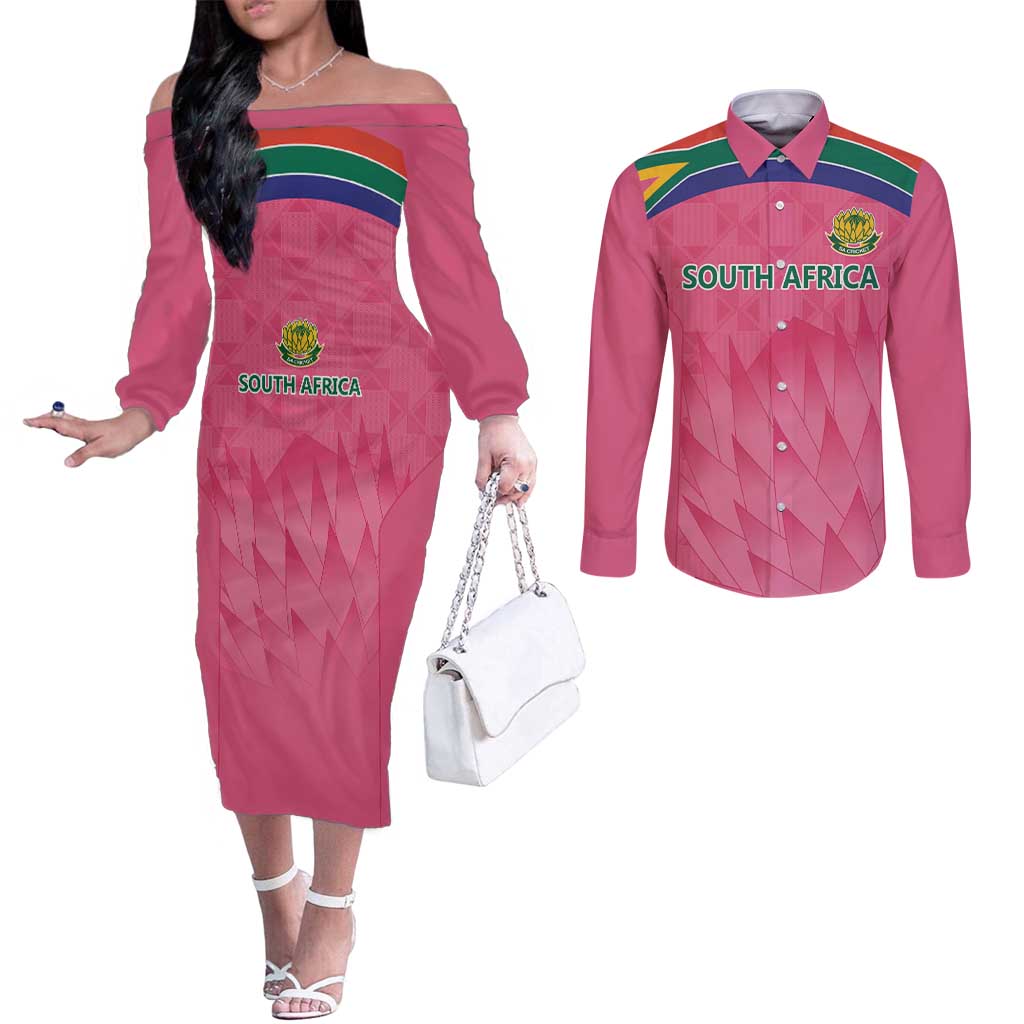 South Africa Cricket Custom Couples Matching Off The Shoulder Long Sleeve Dress and Long Sleeve Button Shirt Proteas Pink