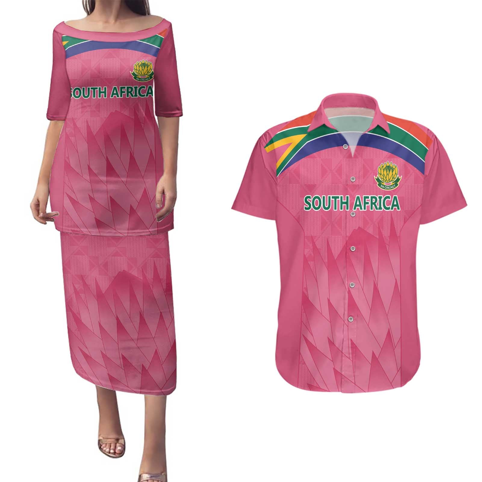 South Africa Cricket Custom Couples Matching Puletasi and Hawaiian Shirt Proteas Pink LT9 - Wonder Print Shop