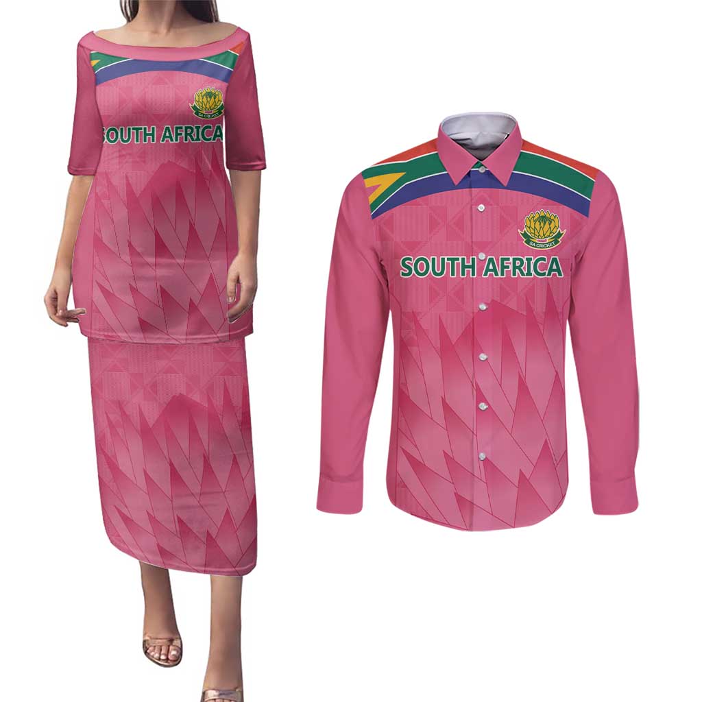 South Africa Cricket Custom Couples Matching Puletasi and Long Sleeve Button Shirt Proteas Pink LT9 - Wonder Print Shop