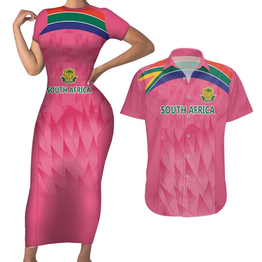 South Africa Cricket Custom Couples Matching Short Sleeve Bodycon Dress and Hawaiian Shirt Proteas Pink LT9 - Wonder Print Shop