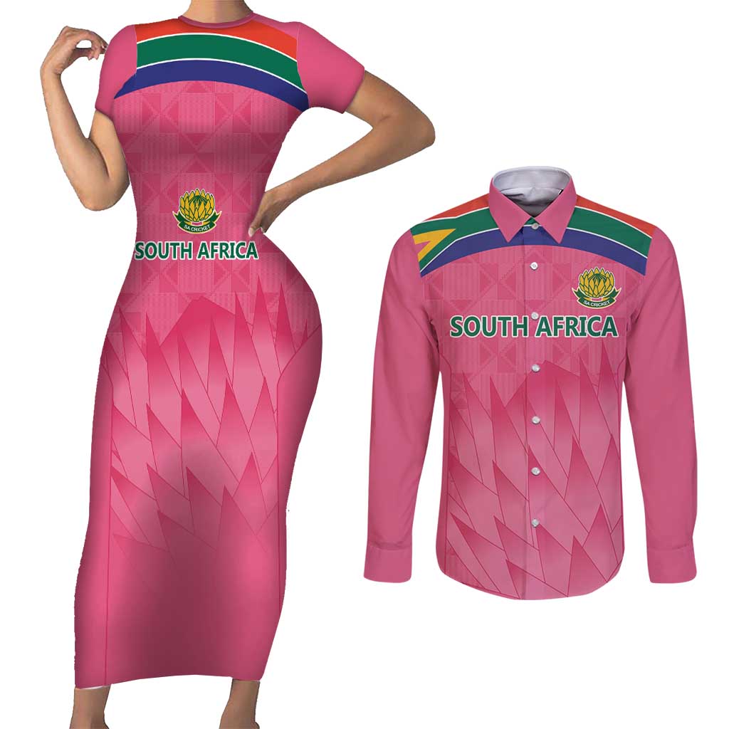 South Africa Cricket Custom Couples Matching Short Sleeve Bodycon Dress and Long Sleeve Button Shirt Proteas Pink LT9 - Wonder Print Shop