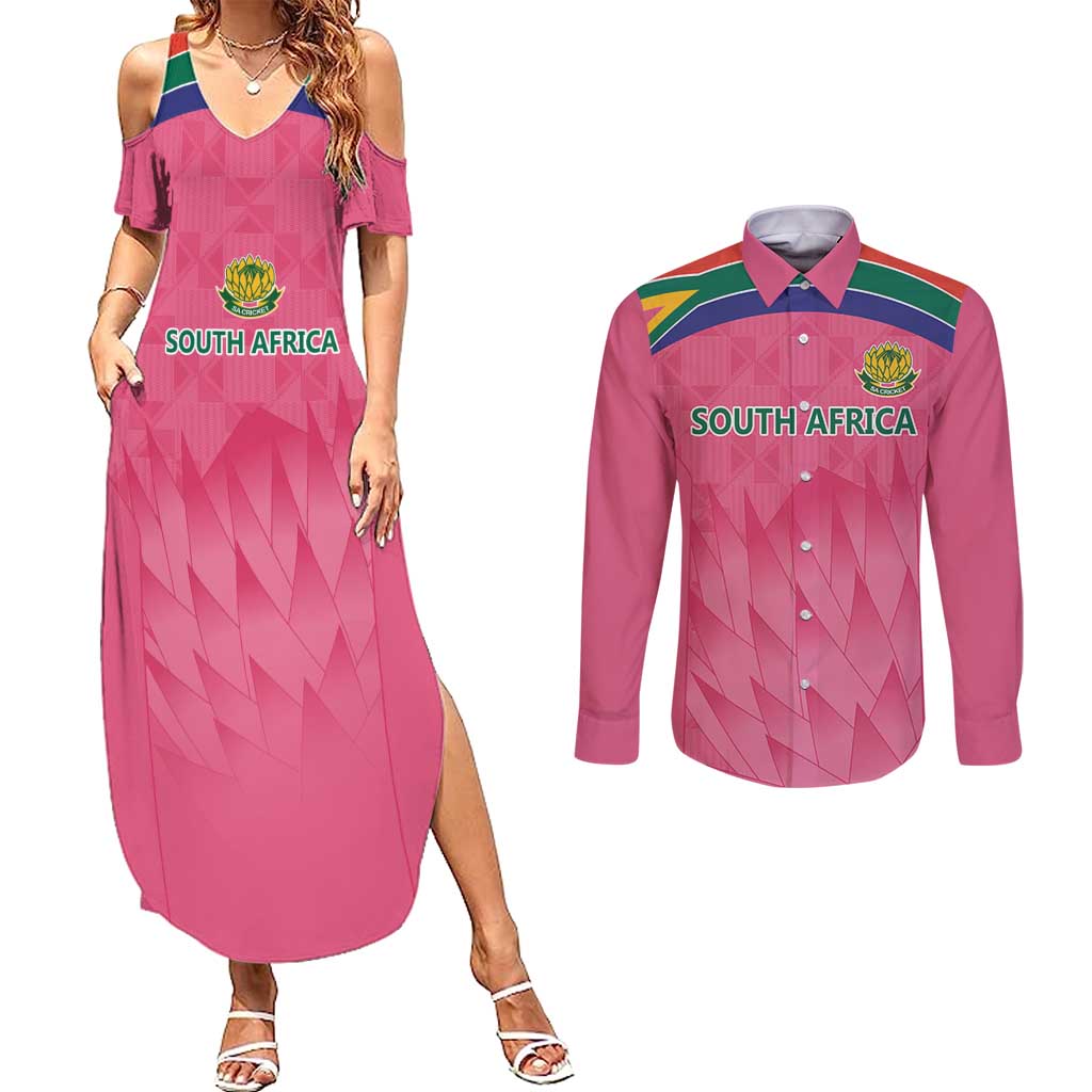 South Africa Cricket Custom Couples Matching Summer Maxi Dress and Long Sleeve Button Shirt Proteas Pink LT9 - Wonder Print Shop