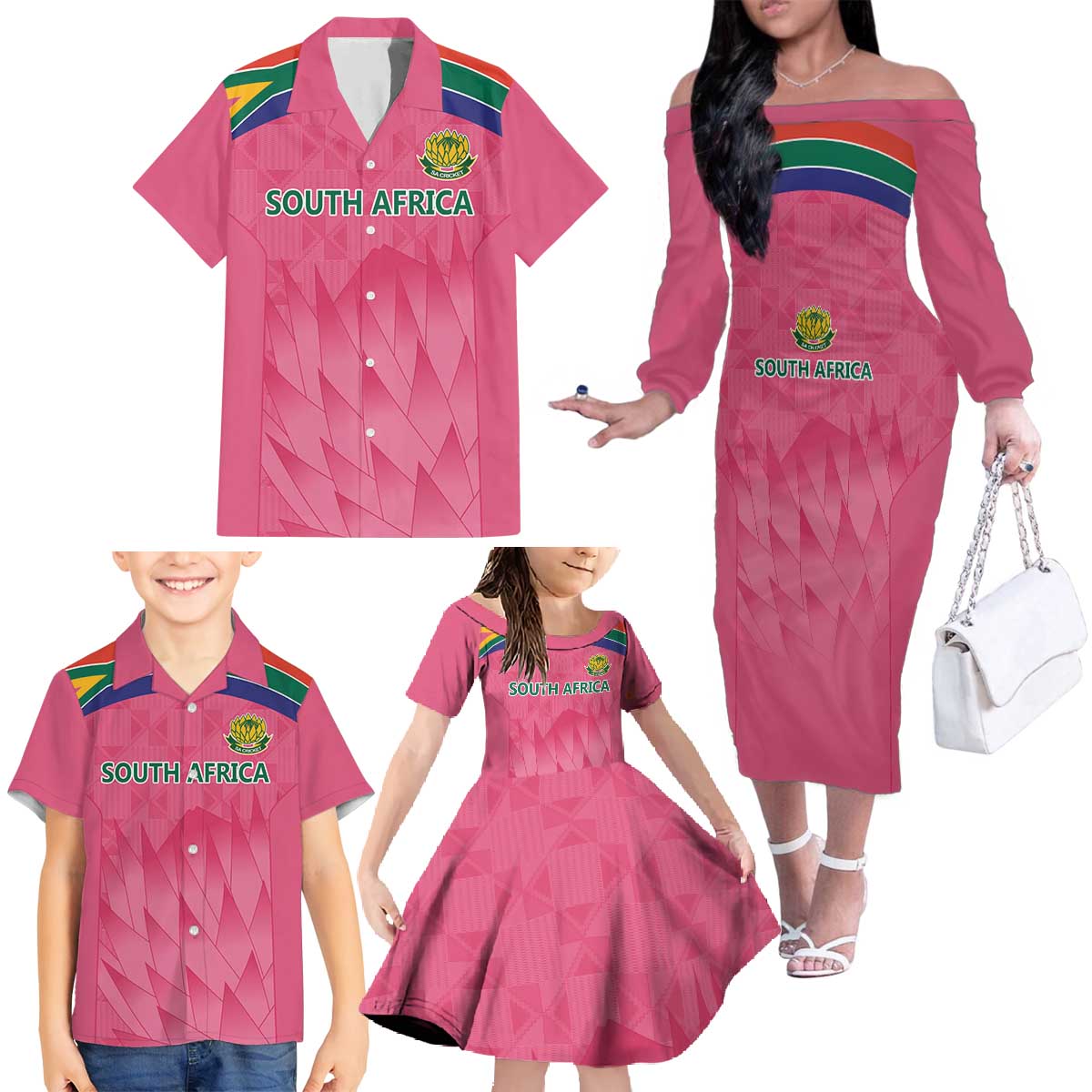 South Africa Cricket Custom Family Matching Off The Shoulder Long Sleeve Dress and Hawaiian Shirt Proteas Pink - Wonder Print Shop