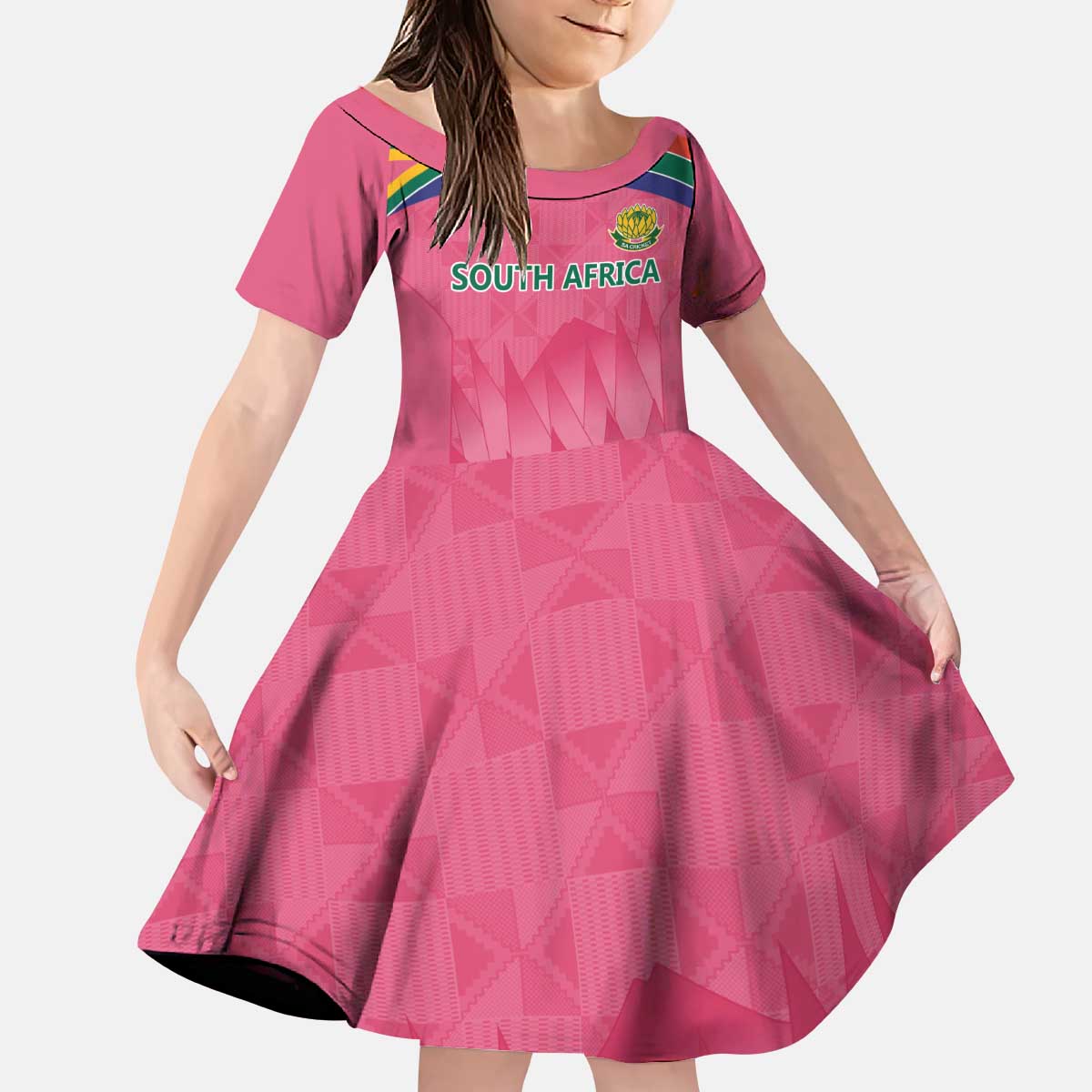 South Africa Cricket Custom Kid Short Sleeve Dress Proteas Pink - Wonder Print Shop