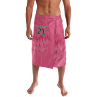 Pink lavalava-style cricket shorts with elastic waist and 'YOUR TEXT 21' front print