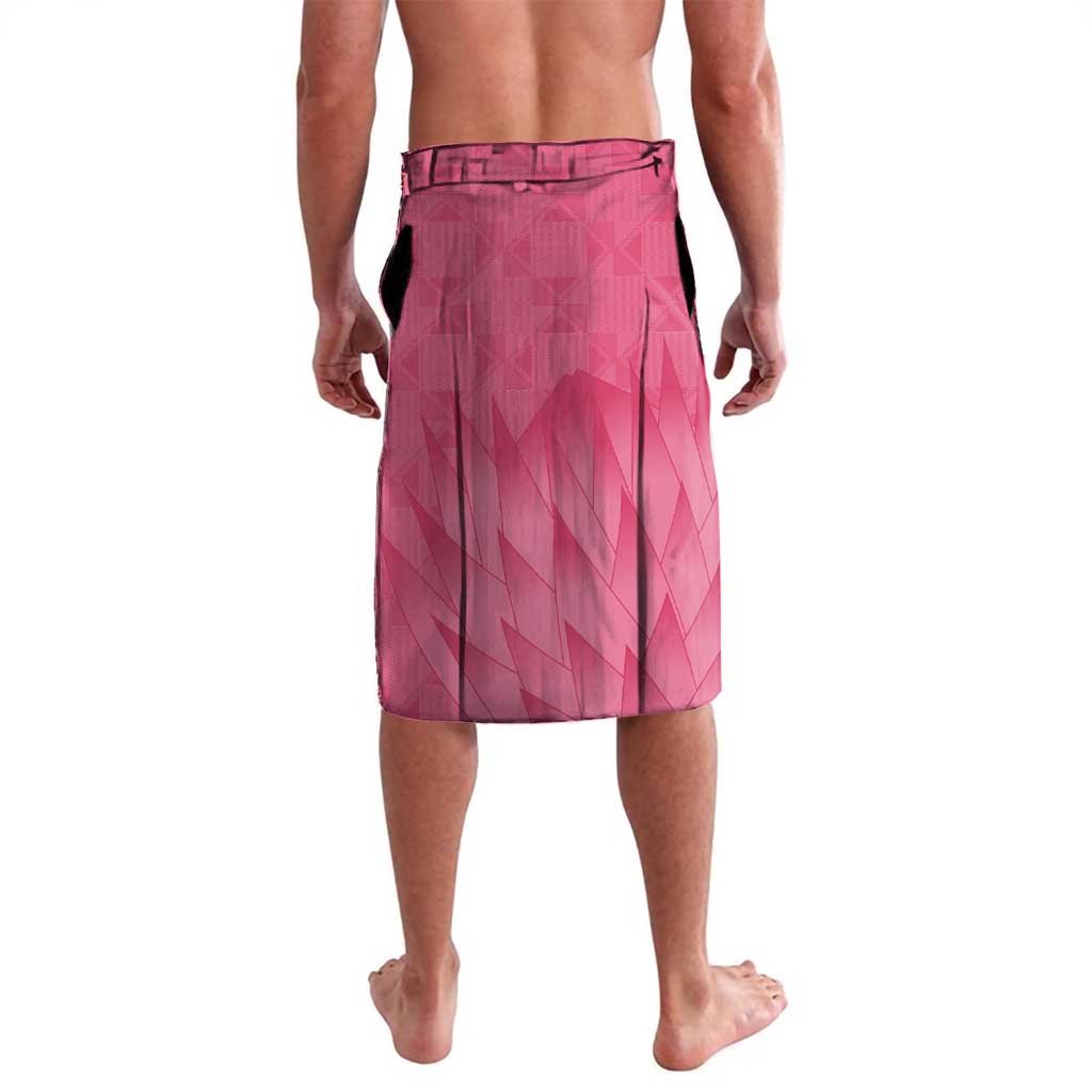 Pink lavalava-style cricket shorts with elastic waistband, geometric pattern, back view