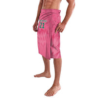 Pink lavalava-style cricket shorts with elastic waist and 'YOUR TEXT 21' side print