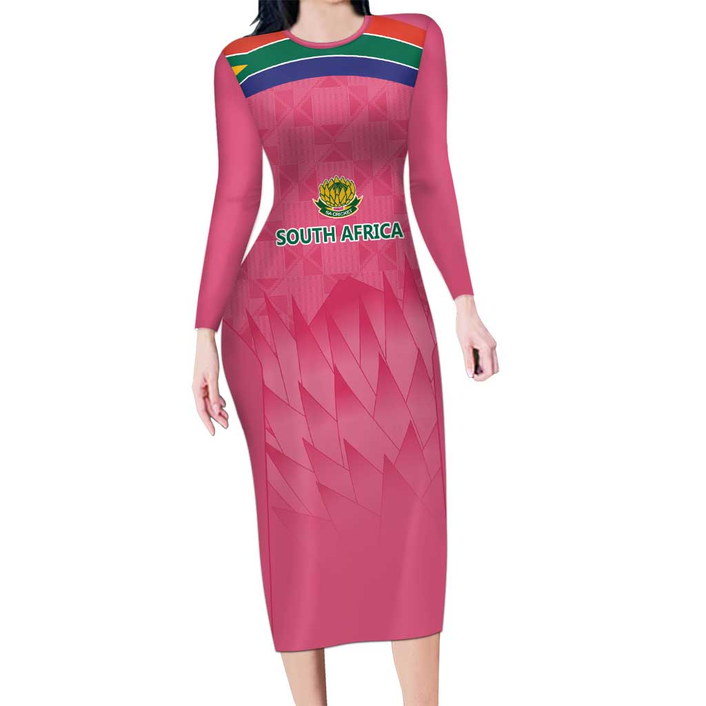 South Africa Cricket Custom Long Sleeve Bodycon Dress Proteas Pink - Wonder Print Shop