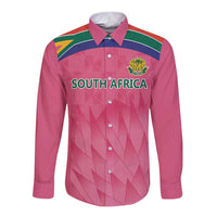 Pink long-sleeve button-front cricket shirt with team crest and South Africa graphic