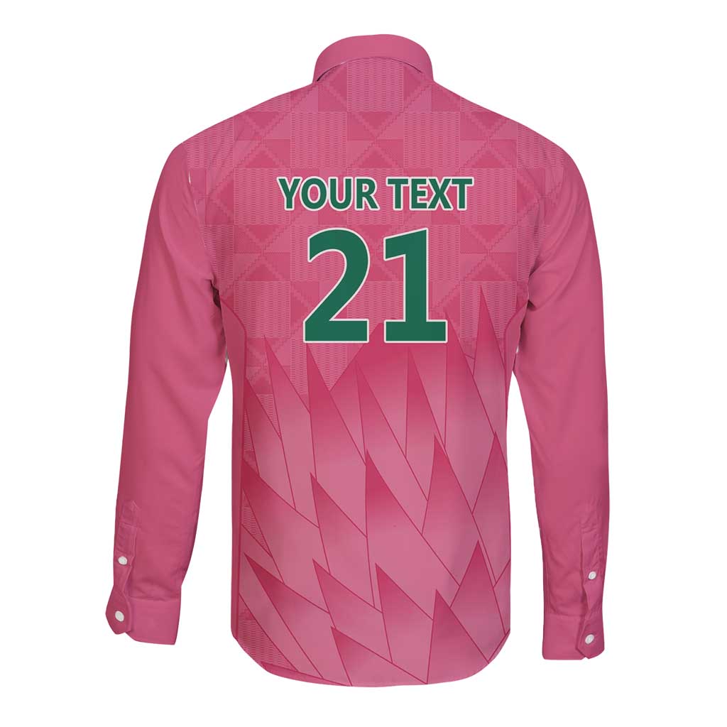 Pink long-sleeve cricket shirt back with text YOUR TEXT and number 21
