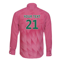Pink long-sleeve cricket shirt back with text YOUR TEXT and number 21