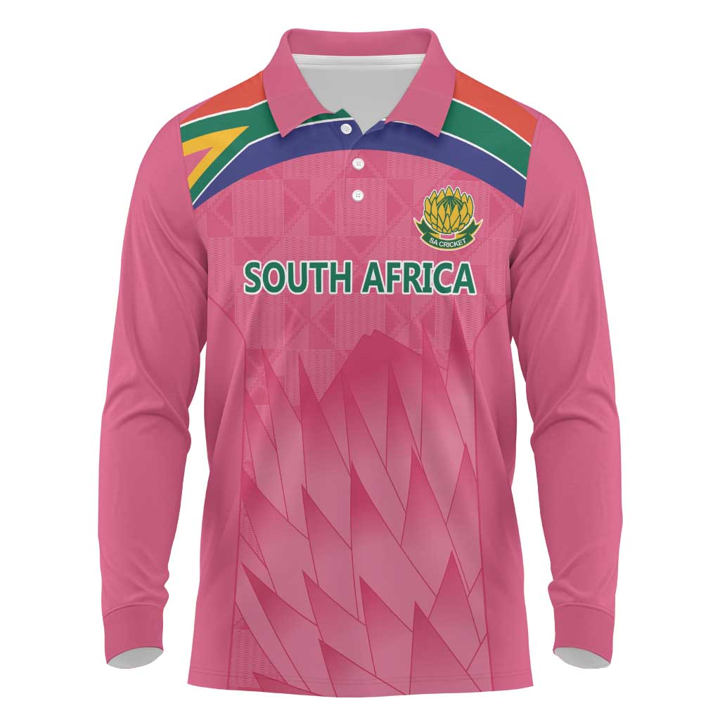 South Africa Cricket Custom Long Sleeve Polo Shirt Proteas Pink - Wonder Print Shop