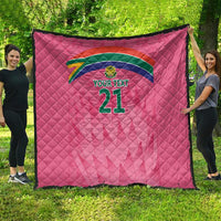 Pink cricket quilt, quilted diamond stitching, Proteas crest and '21' in rainbow arc