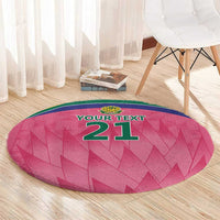 Pink round carpet with green border and 'YOUR TEXT' over '21' graphic