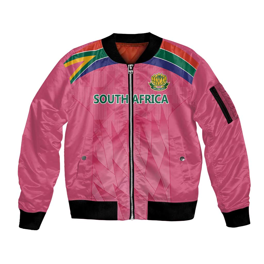 South Africa Cricket Custom Sleeve Zip Bomber Jacket Proteas Pink