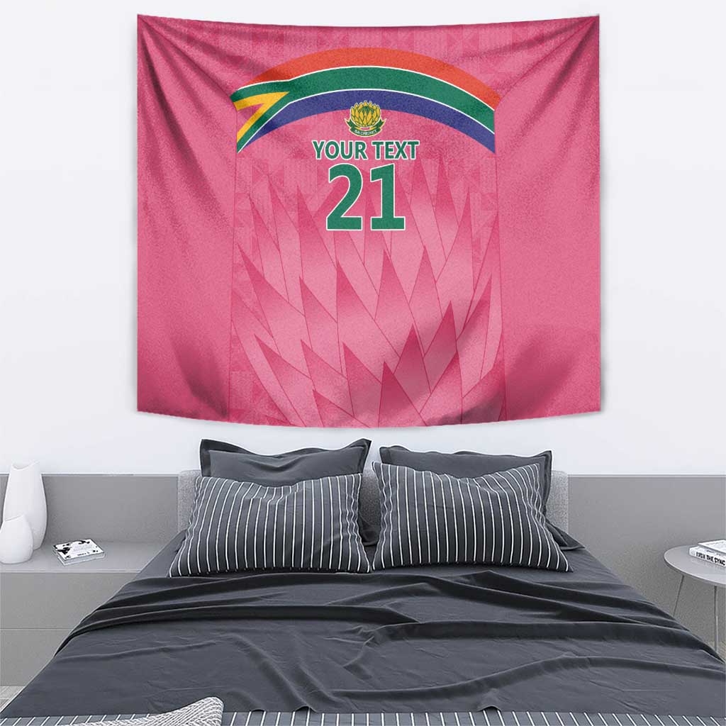 Pink cricket tapestry with Proteas crest and 'YOUR TEXT 21' custom text display