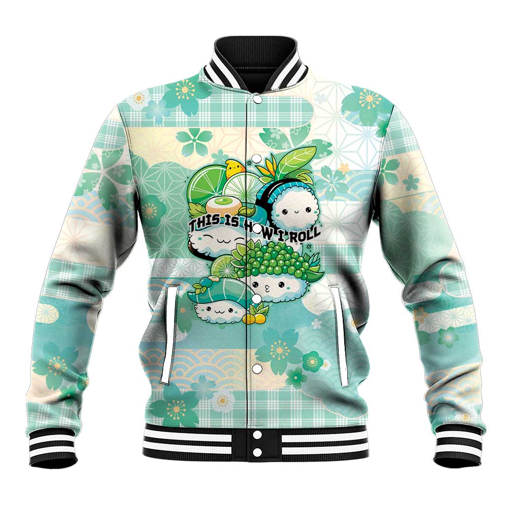 Personalized Japanese Kawaii Sushi Baseball Jacket Green Wagara Palaka This Is How I Roll - Wonder Print Shop