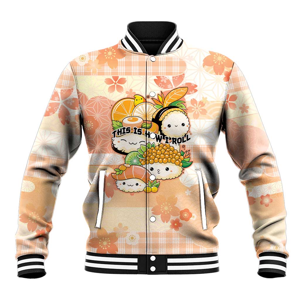 Personalized Japanese Kawaii Sushi Baseball Jacket Peach Wagara Palaka This Is How I Roll - Wonder Print Shop