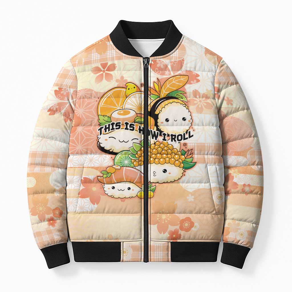 Personalized Japanese Kawaii Sushi Bomber Puffer Jacket Peach Wagara Palaka This Is How I Roll - Wonder Print Shop