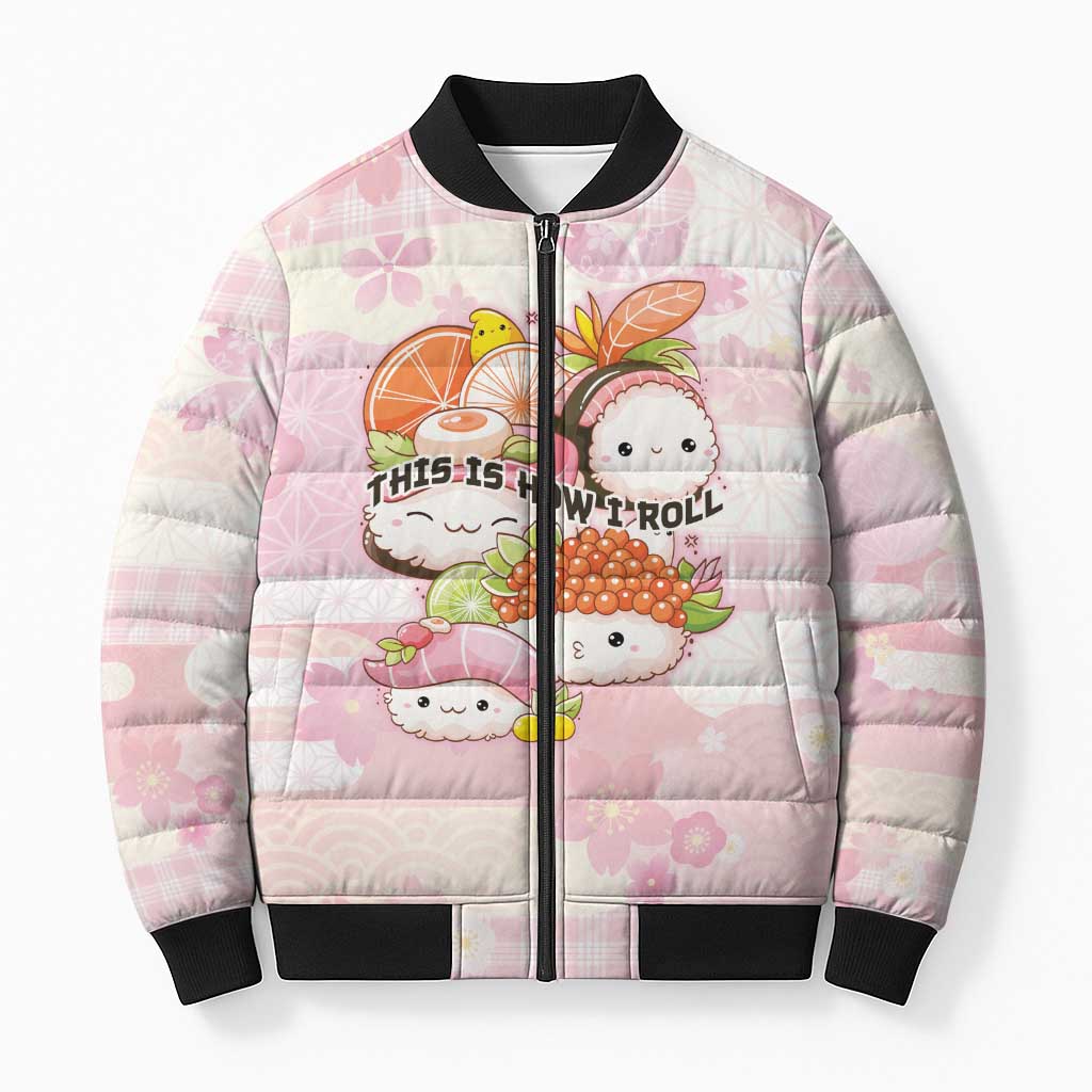 Personalized Japanese Kawaii Sushi Bomber Puffer Jacket Pink Wagara Palaka This Is How I Roll - Wonder Print Shop