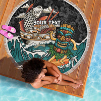 Personalized Japanese Koi Fish Ramen Beach Blanket Tiki Surfing Wagara Hibiscus Pattern - Wonder Print Shop