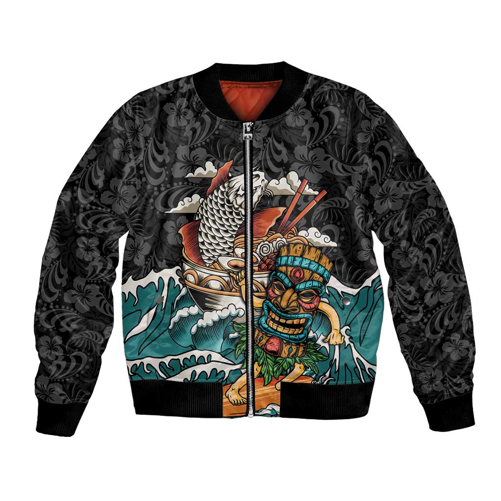 Personalized Japanese Koi Fish Ramen Bomber Jacket Tiki Surfing Wagara Hibiscus Pattern - Wonder Print Shop