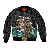 Personalized Japanese Koi Fish Ramen Bomber Jacket Tiki Surfing Wagara Hibiscus Pattern - Wonder Print Shop