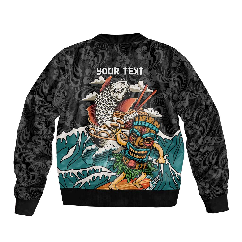 Personalized Japanese Koi Fish Ramen Bomber Jacket Tiki Surfing Wagara Hibiscus Pattern - Wonder Print Shop