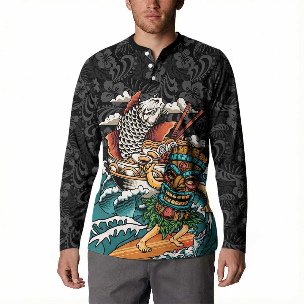 Personalized Japanese Koi Fish Ramen Button Sweatshirt Tiki Surfing Wagara Hibiscus Pattern - Wonder Print Shop