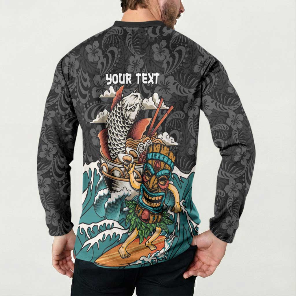 Personalized Japanese Koi Fish Ramen Button Sweatshirt Tiki Surfing Wagara Hibiscus Pattern - Wonder Print Shop