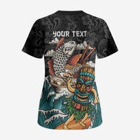 Personalized Japanese Koi Fish Ramen Scrub Top Tiki Surfing Wagara Hibiscus Pattern - Wonder Print Shop