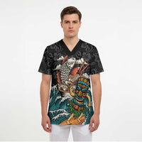 Personalized Japanese Koi Fish Ramen Scrub Top Tiki Surfing Wagara Hibiscus Pattern - Wonder Print Shop