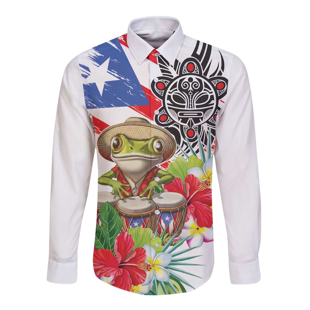 Coqui Frog Puerto Rico Long Sleeve Button Shirt No No Suelte La Bandera