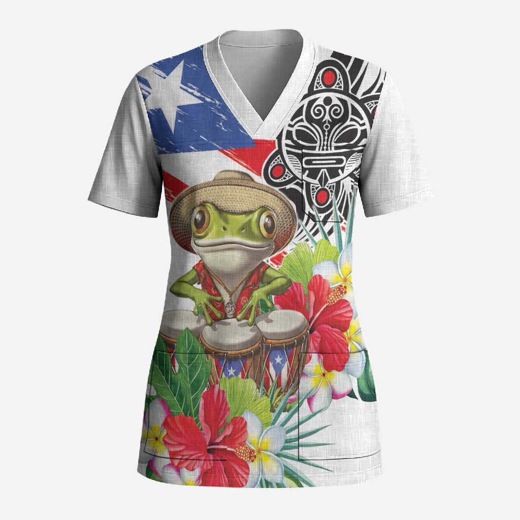 Coqui Frog Puerto Rico Scrub Top No No Suelte La Bandera