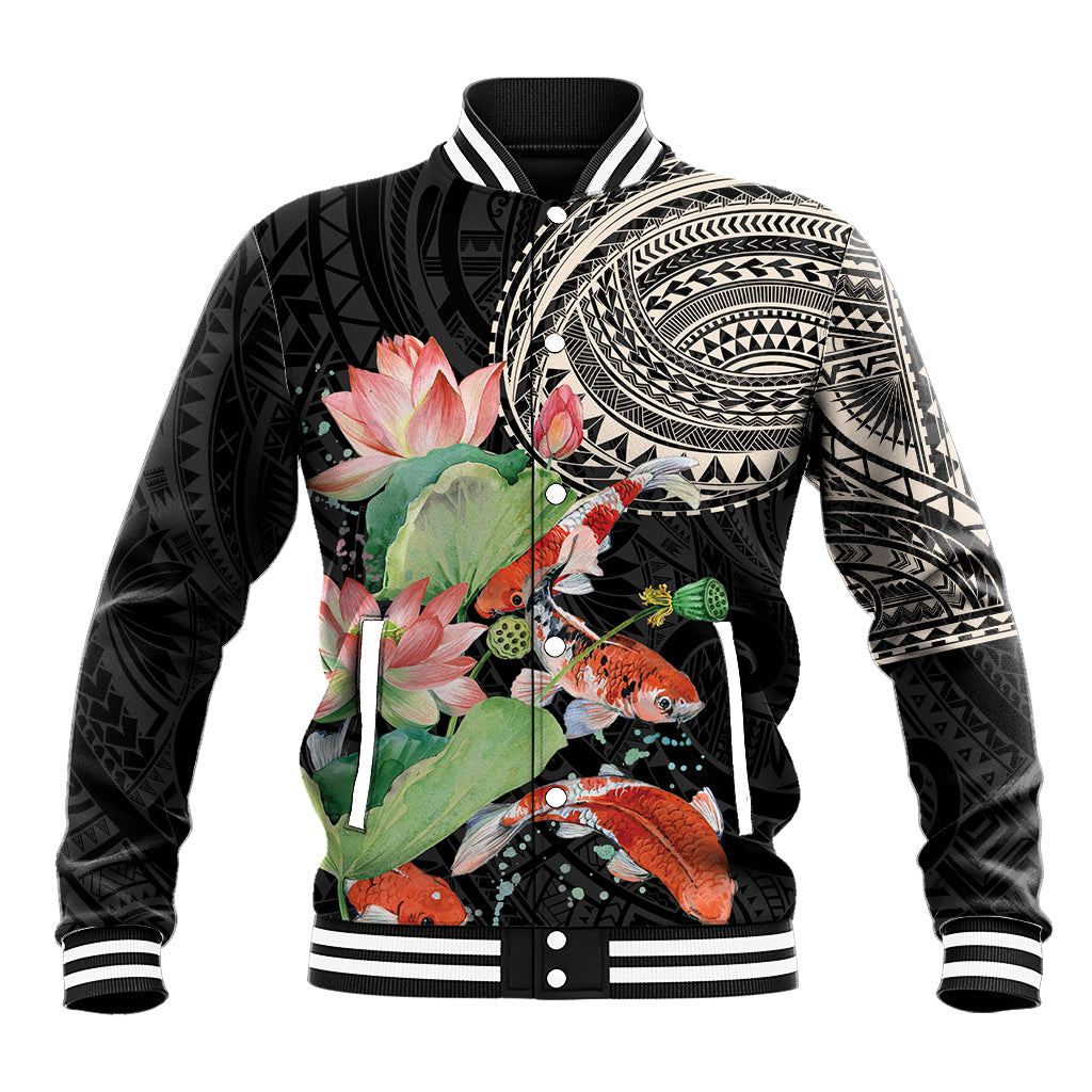 Black baseball jacket with koi fish, lotus flowers, patterned sleeves, snap buttons