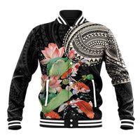 Black baseball jacket with koi fish, lotus flowers, patterned sleeves, snap buttons