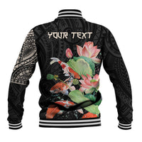 Black baseball jacket back with koi fish, lotus flowers, and 'YOUR TEXT' graphic