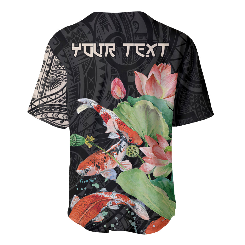 Black jersey back with koi and lotus print plus decorative text, short sleeves
