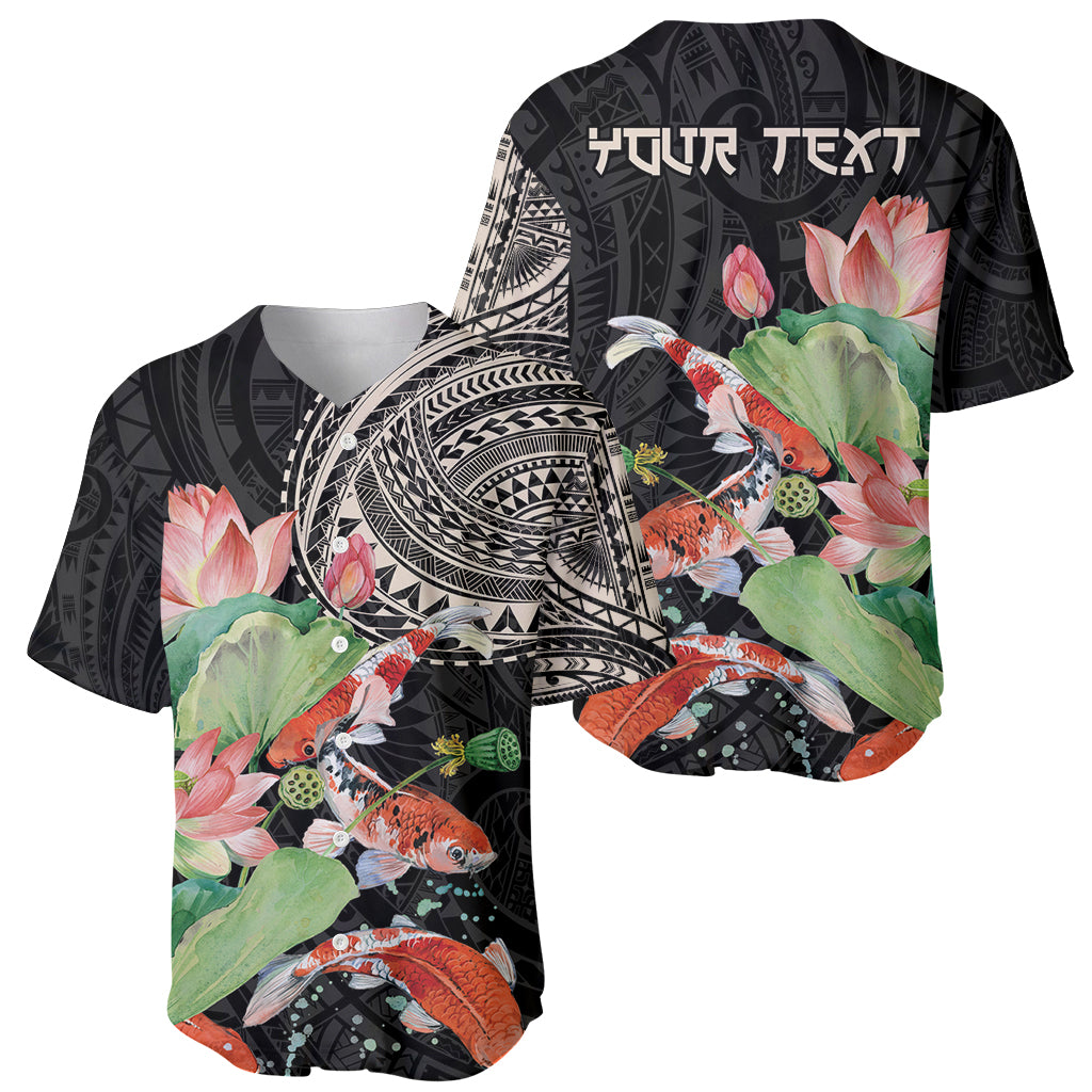 Black baseball jersey with koi and lotus artwork, tribal pattern collar, short sleeves