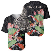 Black baseball jersey with koi and lotus artwork, tribal pattern collar, short sleeves