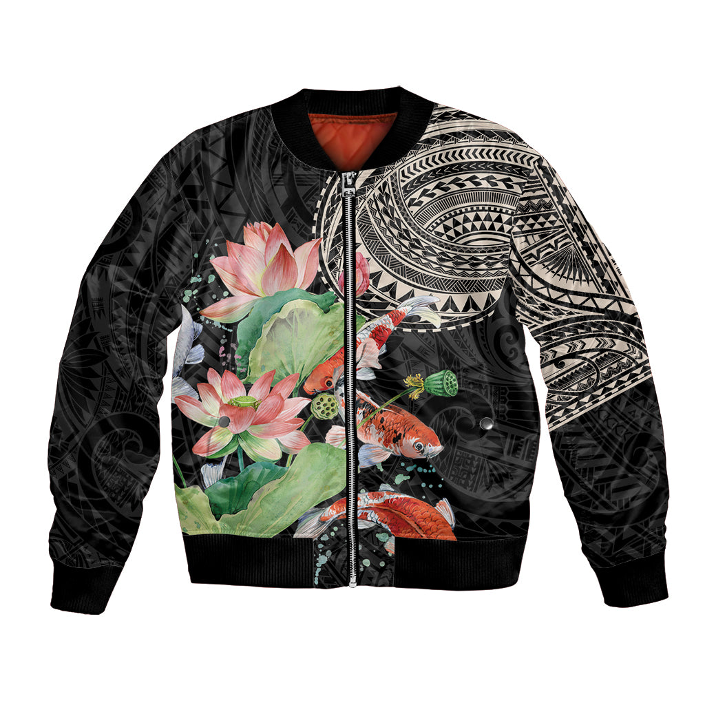 Unisex black bomber jacket with front zipper, koi fish and lotus floral graphic, tribal sleeves