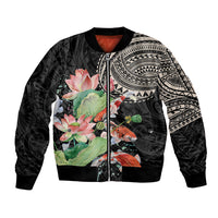 Unisex black bomber jacket with front zipper, koi fish and lotus floral graphic, tribal sleeves
